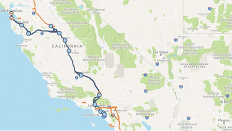 A map of California showing the rail route with destination stops
