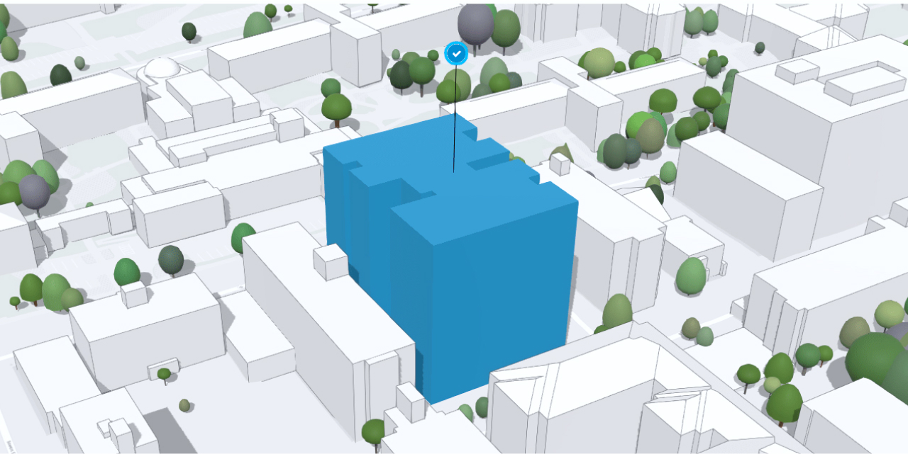 A simple 3D city map with trees highlighting one building in blue