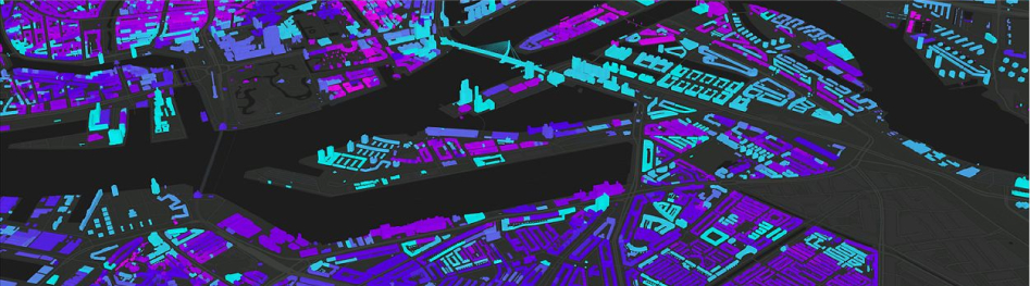 A black 3D city map highlights buildings and bridges in neon blue and purple