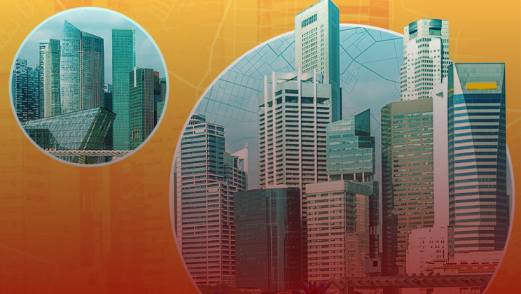 Two circles against an orange background show illustrated city skylines.