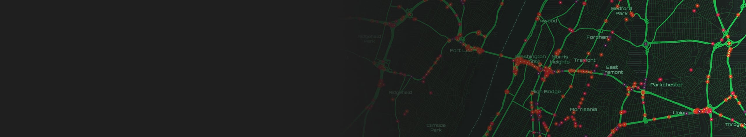  City map with streets shown in glowing green on a dark gray background with points of interest highlighted in orange and purple