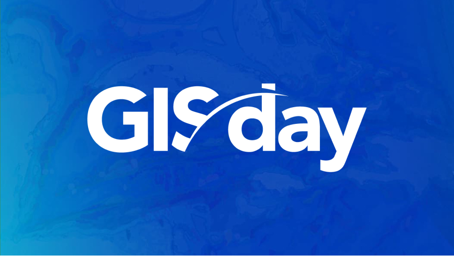 O logotipo do GIS Day em um fundo azul semelhante a um mapa