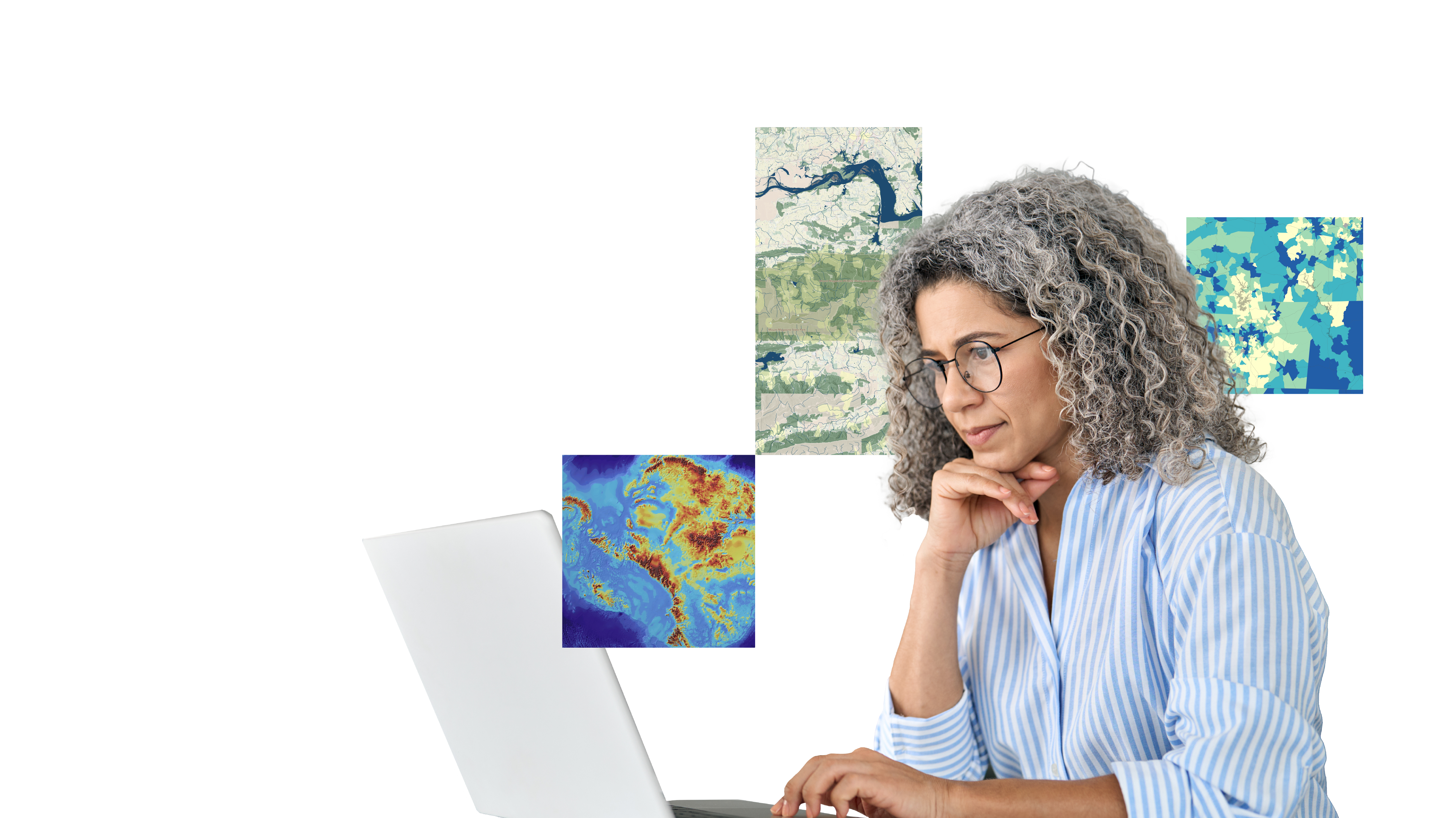 Uma pessoa usando óculos e uma camisa de colarinho listrado azul olhando pensativamente para a tela de um laptop, sobreposta por três pequenos mapas coloridos projetados