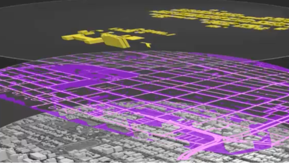 Uma imagem de mapa 3D com uma camada de mapa de ruas cinza, sobreposta por uma grade roxa brilhante e novamente sobreposta por uma camada de feições amarelos menores do mapa