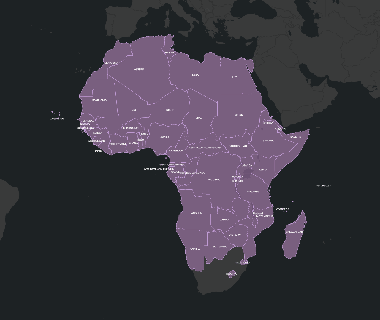 Map of Africa in dull lavender on a dark gray background with countries outlined and labeled in white