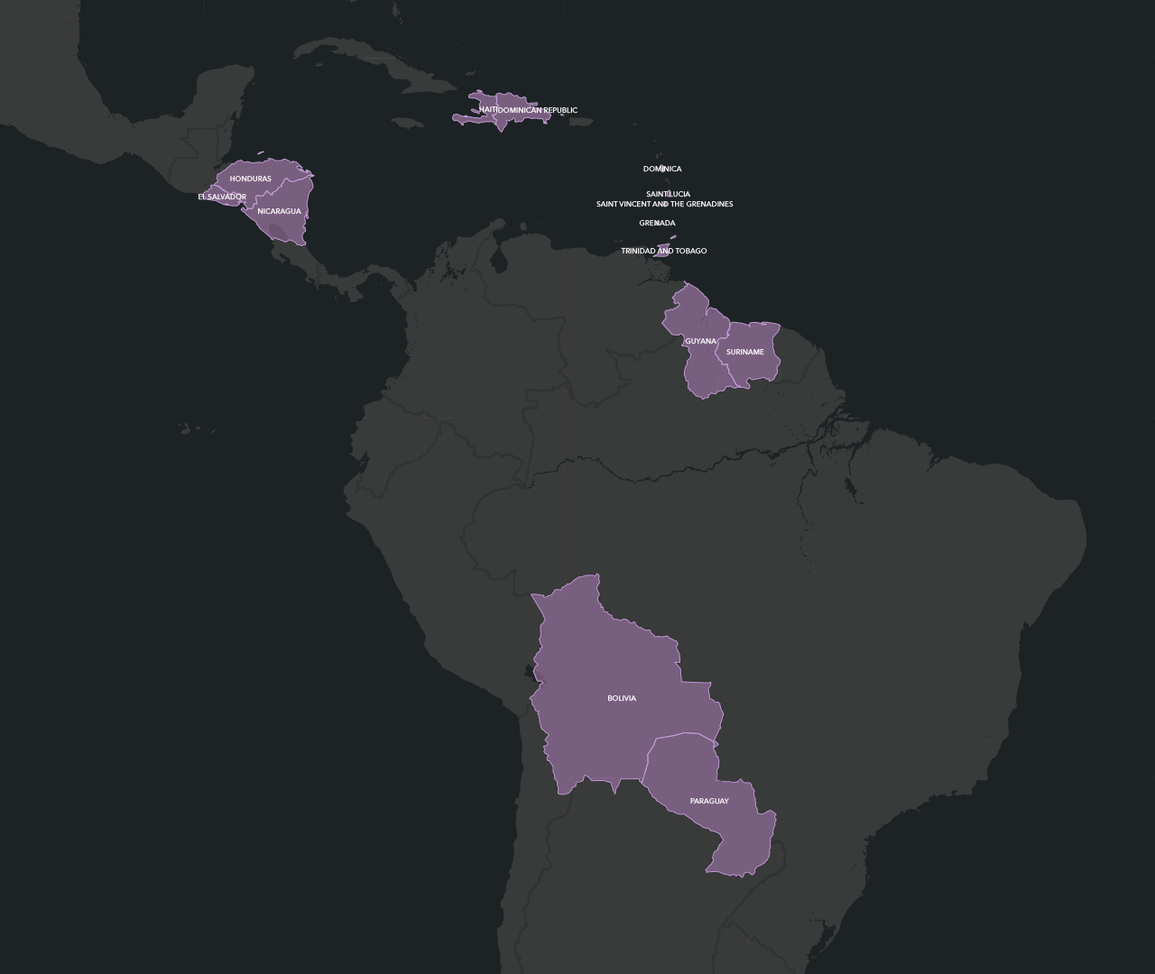 Map of the Americas and Caribbean in dull lavender on a dark gray background with countries outlined and labeled in white