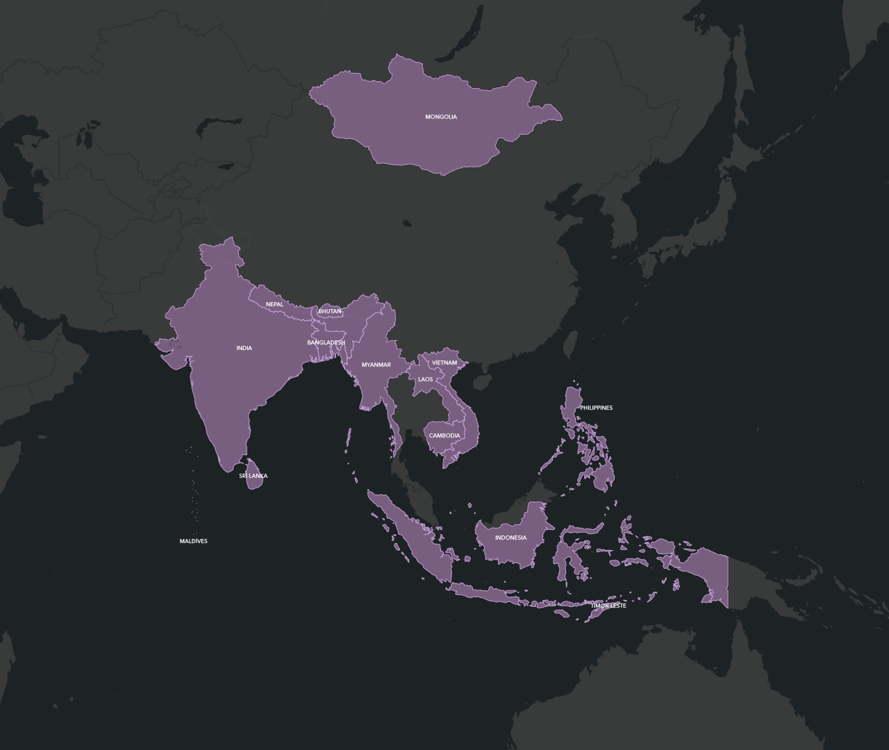 Map of Asia Pacific in dull lavender on a dark gray background with countries outlined and labeled in white