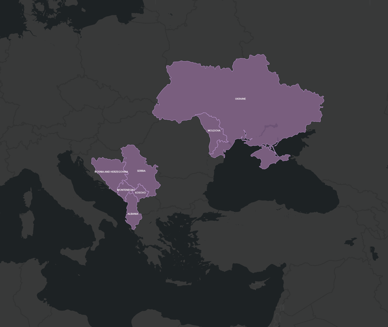 Map of Europe in dull lavender on a dark gray background with countries outlined and labeled in white