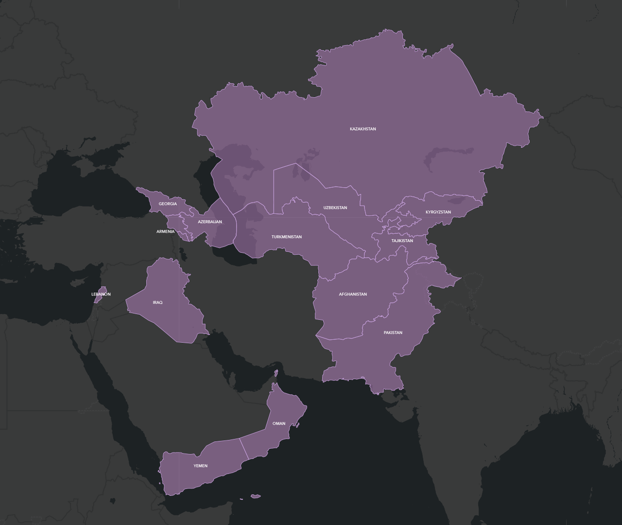 Map of the Middle East and West Asia in dull lavender on a dark gray background with countries outlined and labeled in white
