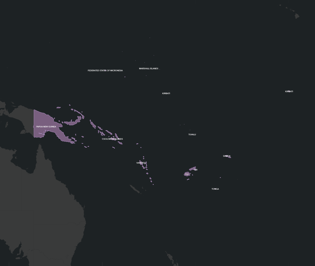 Map of Oceania in dull lavender on a dark gray background with countries and islands outlined and labeled in white