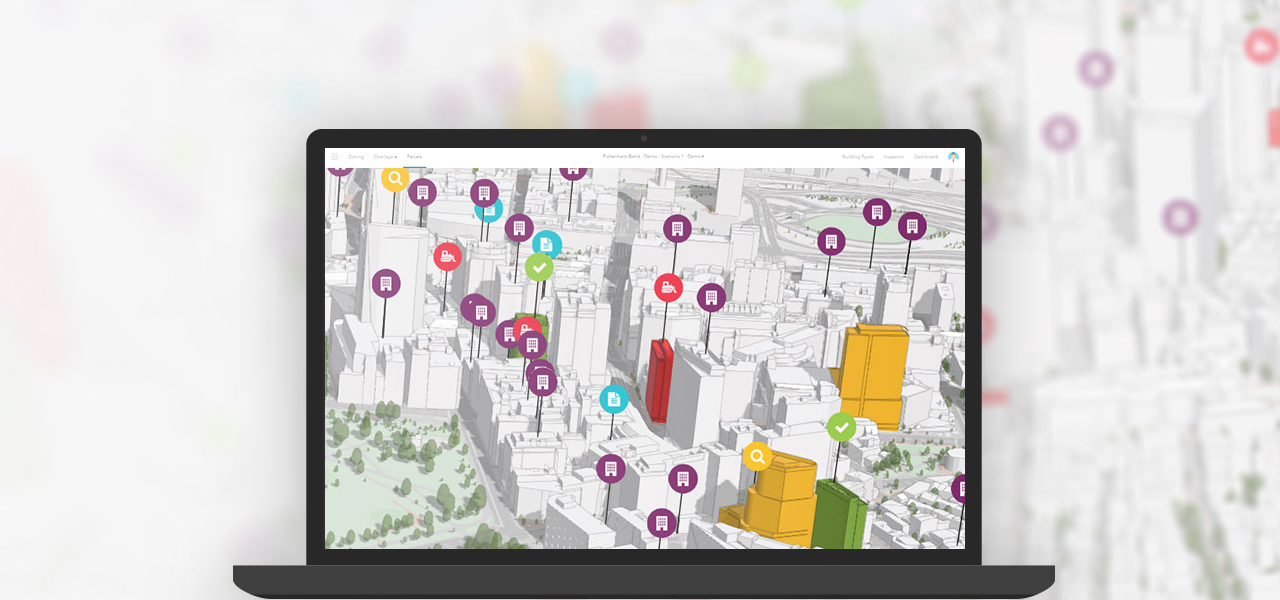 A laptop displaying a 3D map of a city with points of interest marked by multicolor icons
