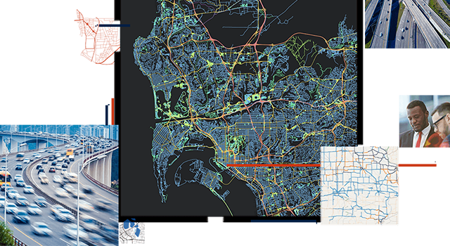 A central traffic density map surrounded by images of highways and executives