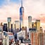 The lower Manhattan skyline at sunset