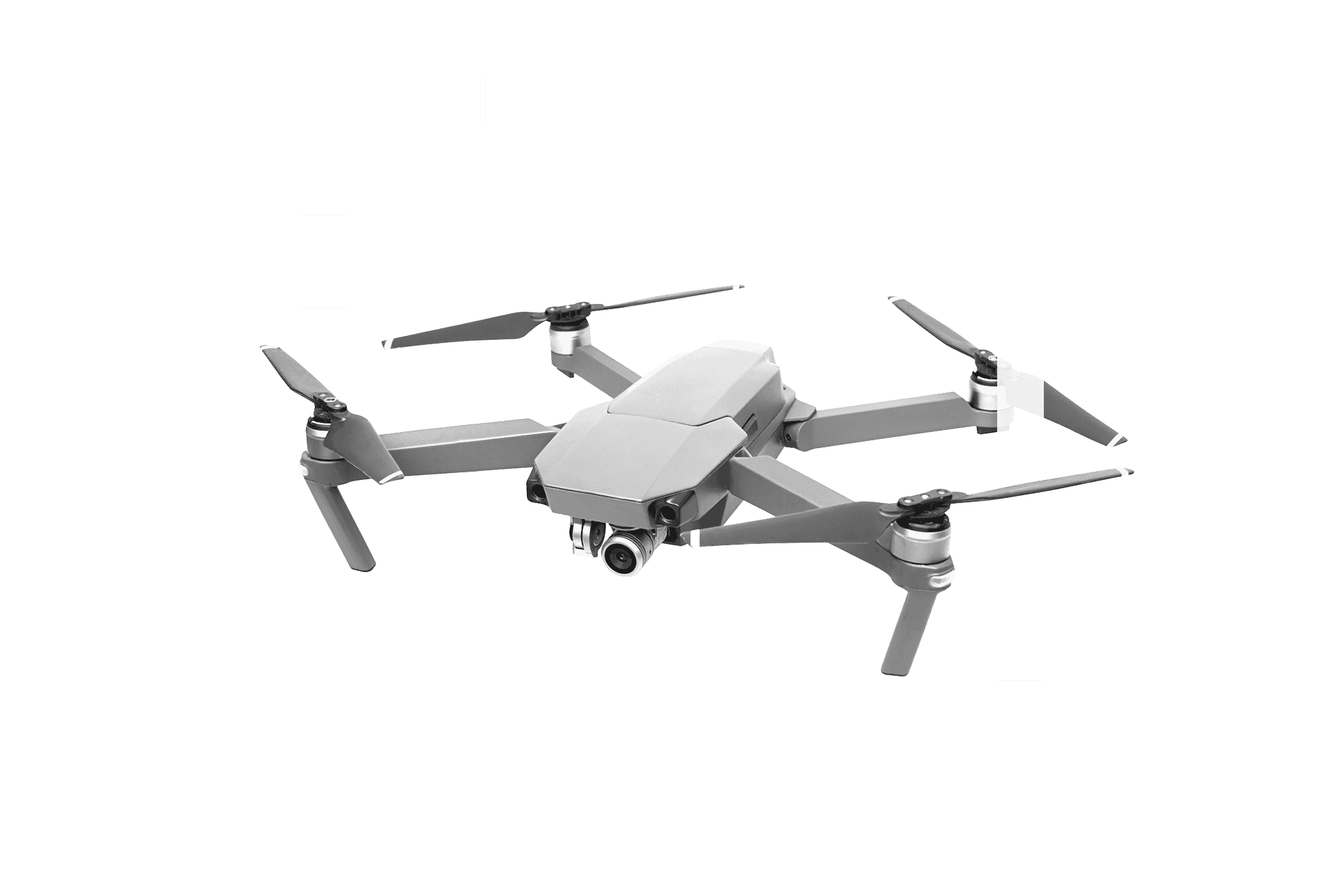 A compact quadcopter drone is shown in mid-air against a clean white background.