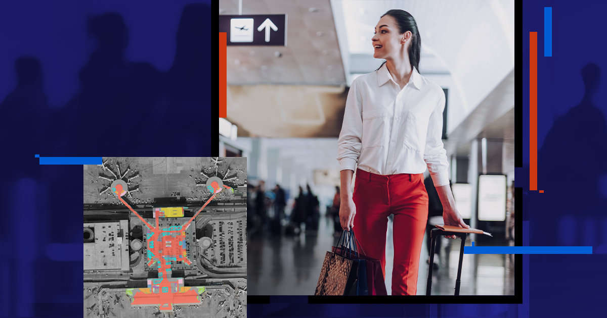 A traveler walking through an airport and a digital map of airport terminals