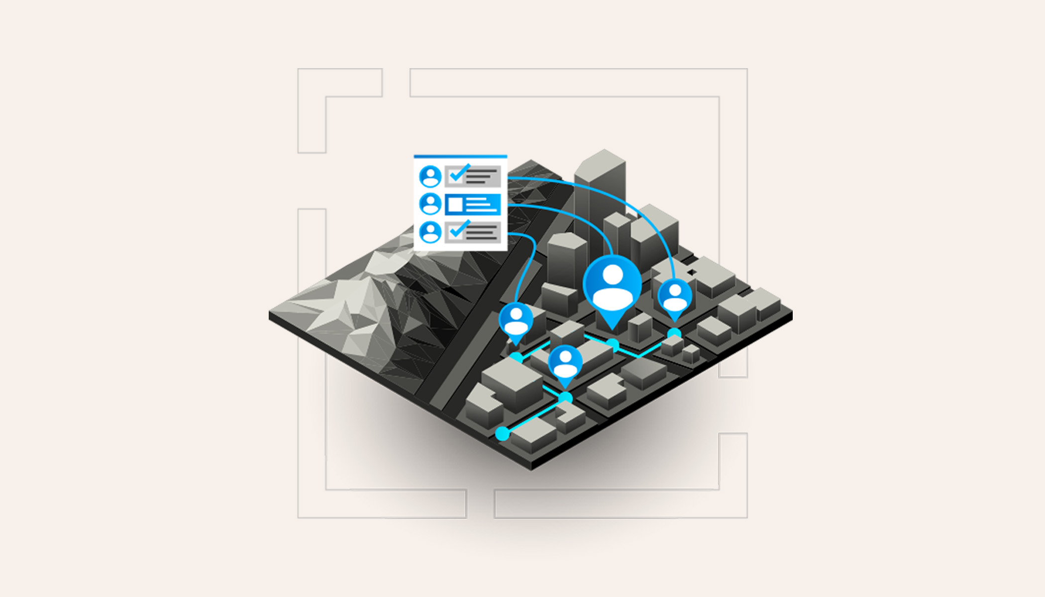 Carte grise en 3D d’une ville et d’un flanc de montagne avec des icônes bleues représentant les positions d’individus