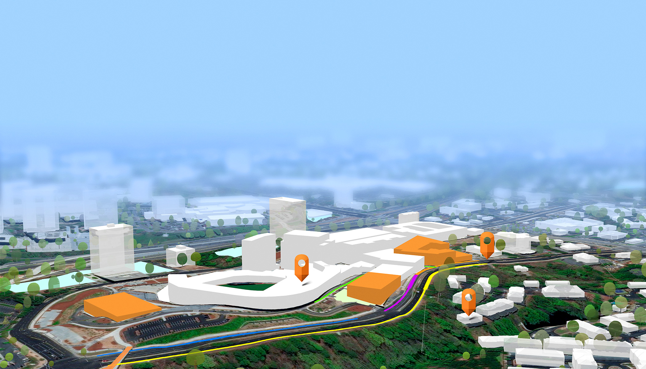 A 3D design of a city with the background blurred and the foreground showing white and orange buildings and three orange navigation pin icons