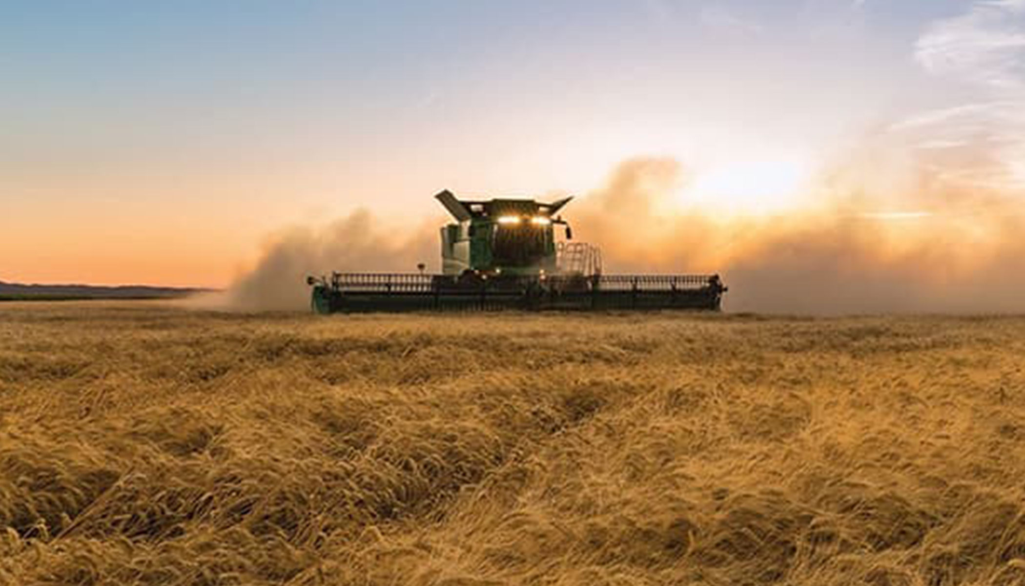 A field cultivator in a field of crops with a large dust cloud behind it