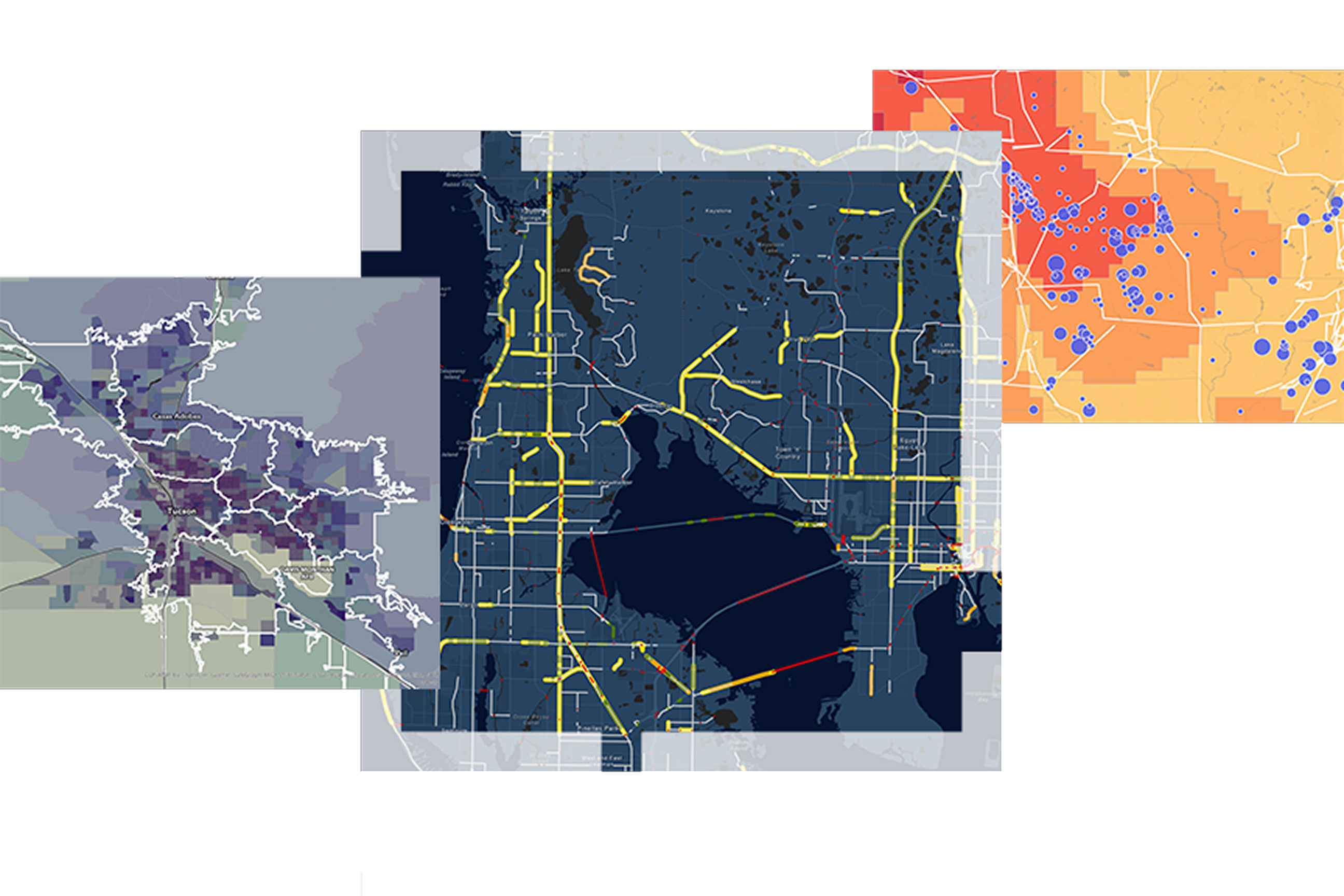 The image shows three overlapping digital map panels displaying different types of geographic data.