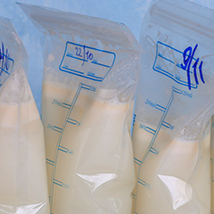 A row of clear plastic bags filled with milk against a pale blue and white background