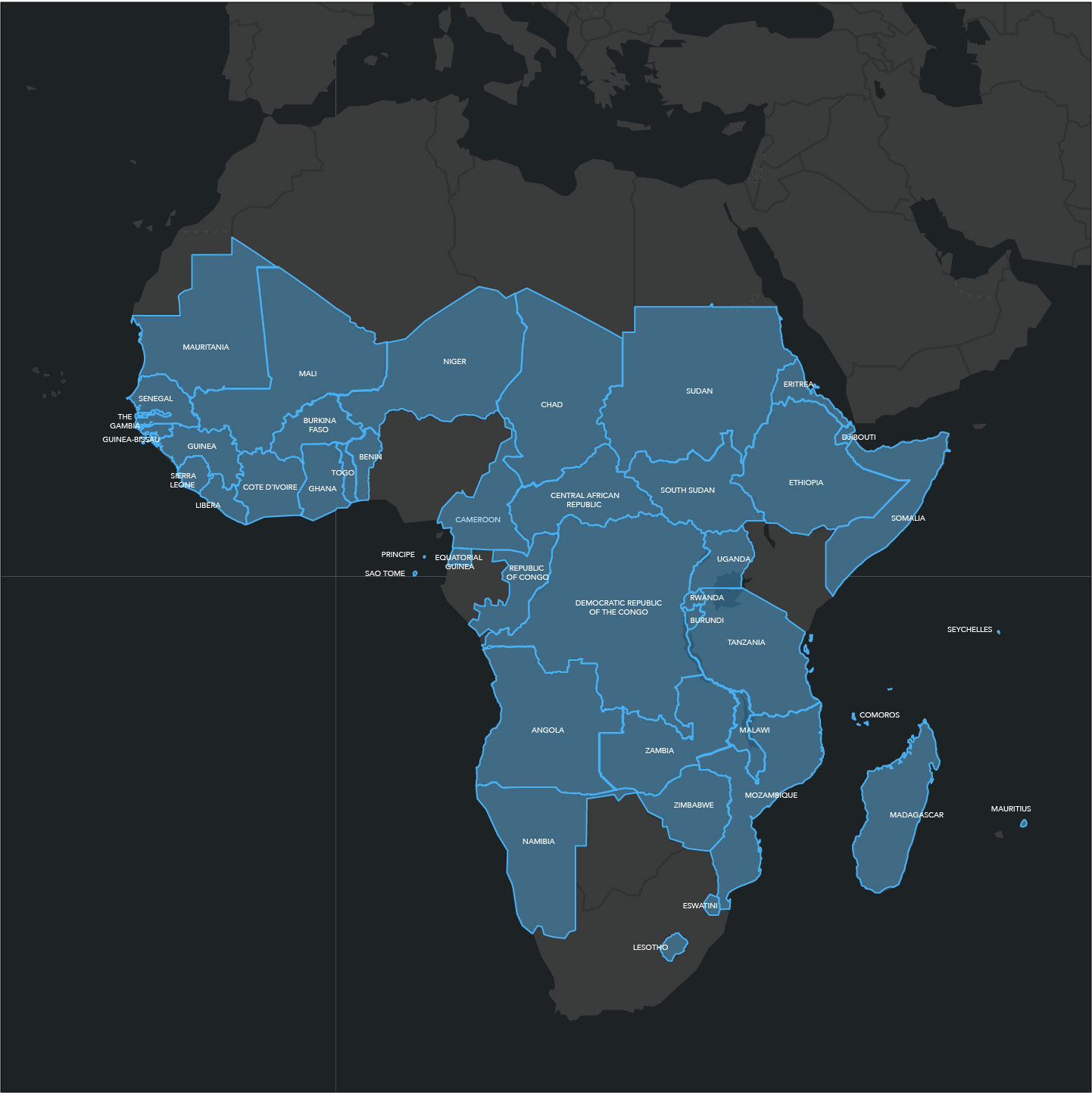 Map of Africa with qualified countries highlighted in blue