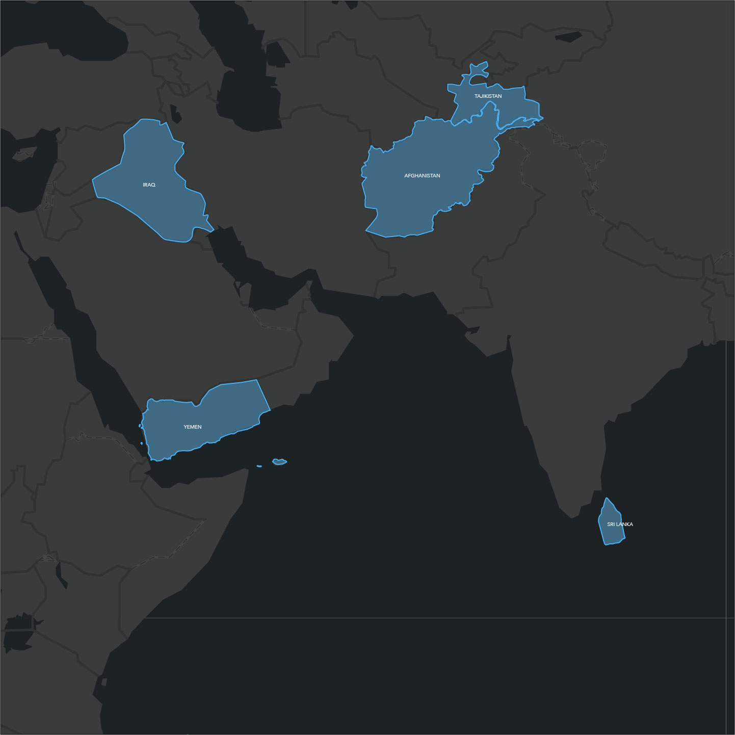Map of the Middle East and West Asia with qualified countries highlighted in blue