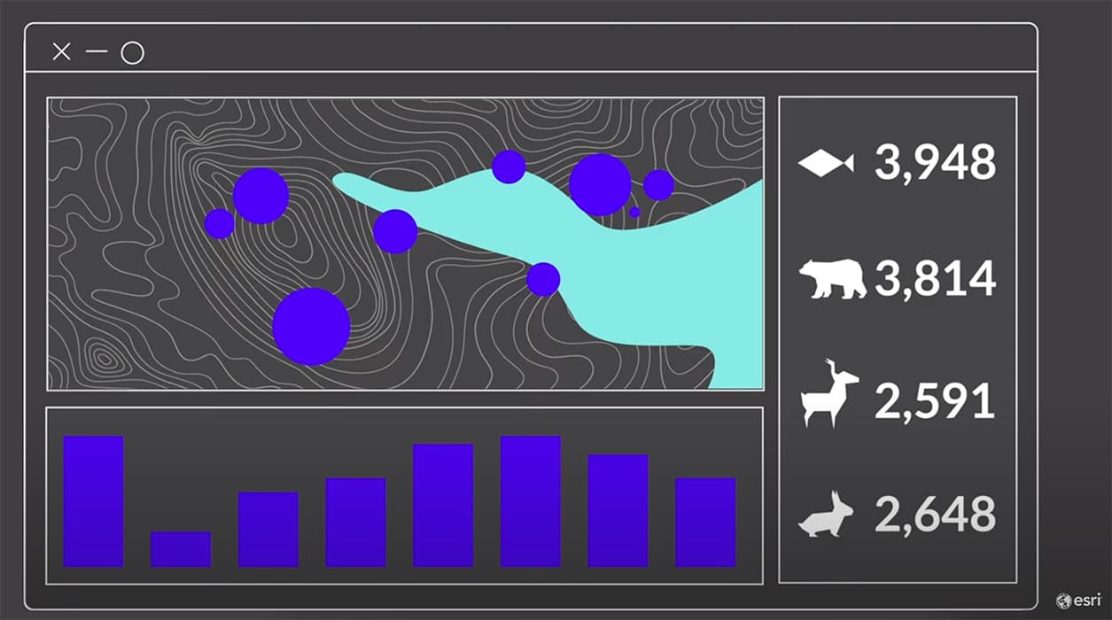 A graphic illustration of ArcGIS software being used on a desktop computer.