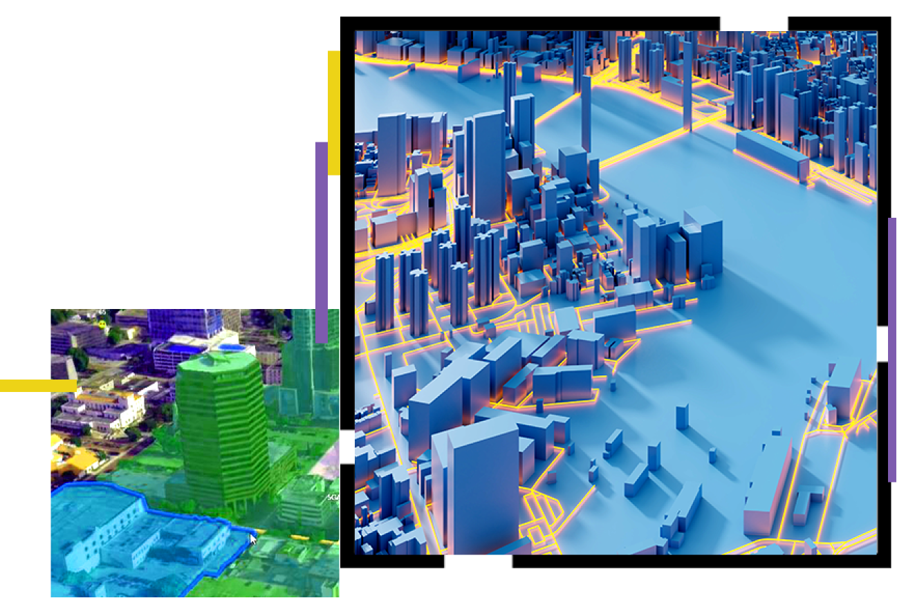 one large square displaying a 3d city highlighted in yellow and one smaller square showing an aerial view of city buildings highlighted in blue and green