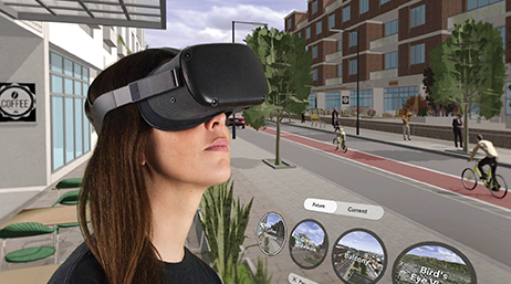 A person wearing a VR headset with an immersive city scene in the background