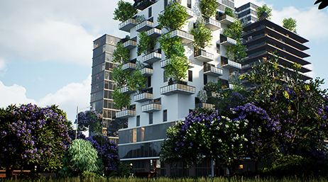 A 3D image of a modern high-rise apartment building with trees on every balcony and a lush green city park in the foreground