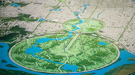 A digital model of Washington, DC, with waterways, greenery, and buildings
