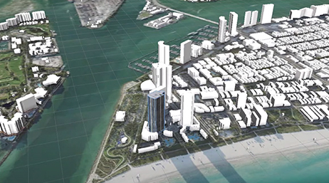 A 3D simulation of a beach-side city