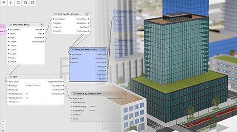 A split screen image with a colorful 3D model of a grouping of skyscrapers on the right and sets of connected information in lists on the left