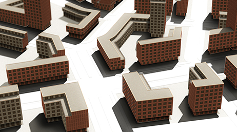 3D image of a city street with skyscrapers in brown and gray
