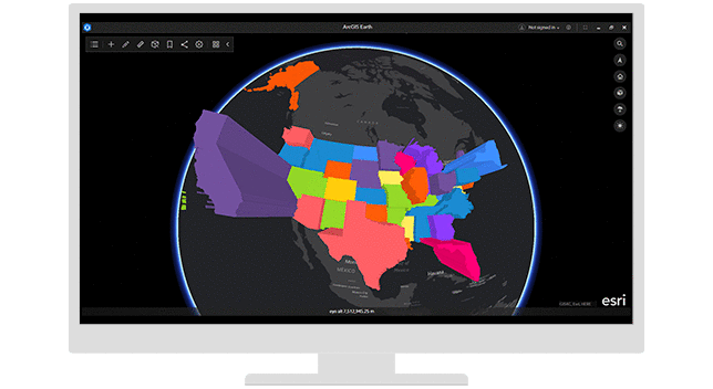 ArcGIS Earth インターフェイスに複数色の米国のマップが表示されたコンピューター モニター