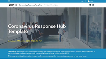 ArcGIS Hub のコロナウイルス対応テンプレートに含まれる Web サイト バナーを表示する Web ページ