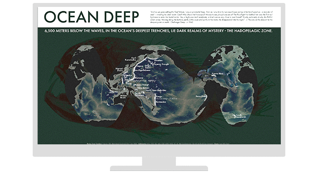 Computer screen with a digital map of the ocean floor with scattered words in white lettering