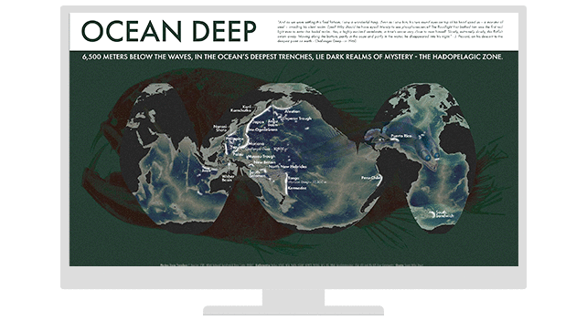 Tela de computador com mapa digital do fundo do oceano e palavras espalhadas em letras brancas