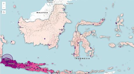 A map made of Malaysia and Indonesia with purple circles of various sizes representing population density