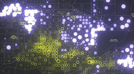 A dot density map with neon yellow and lavender circles of varying sizes against a black basemap