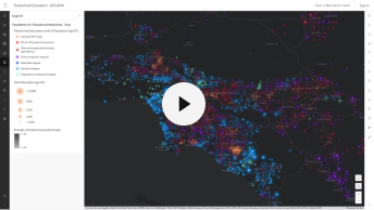 Carte du sud de la Californie affichant les niveaux d’éducation de la population avec des points brillants multicolores sur un fond noir