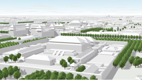 A 3D scene in OpenStreetMap with green trees and white and gray buildings
