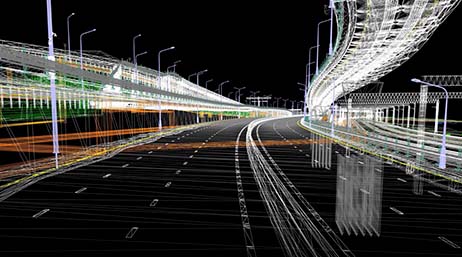 A photo of a highway at night with digitally imposed overpasses and roads representing infrastructure