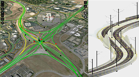 An oblique view of an area with proposed transportation routes in green next to a 3D model of train tracks