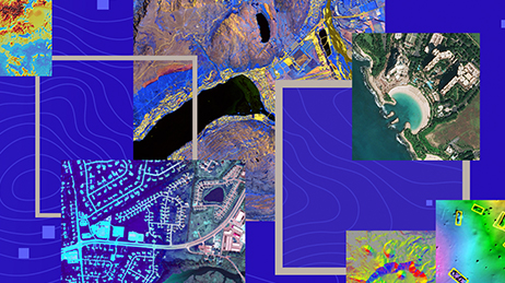 A collection of various aerial photos and maps in shades of blue, purple, and yellow on an abstract blue background