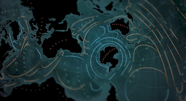 Mapa digital oscuro en el que aparece tierra gris y aguas negras con líneas azules y naranjas que resaltan diferentes regiones del mapa