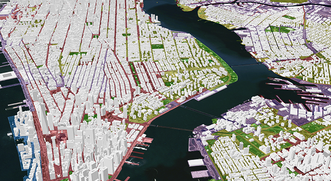 3D の白い建物と緑の陸地、中央に青い川が流れている都市のデジタル画像