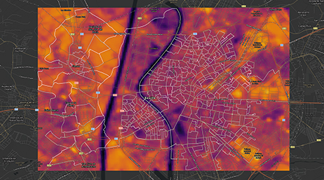 Un mapa en escala de grises superpuesto con otro mapa con diferentes áreas sombreadas en violeta, naranja y rosa