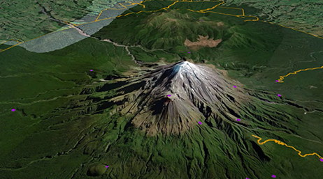 Una vista oblicua de una representación 3D de una montaña con una base verde y un pico nevado