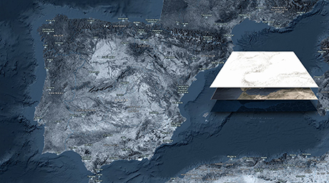 A relief map of land almost surrounded by water overlaid with an image of three map layers